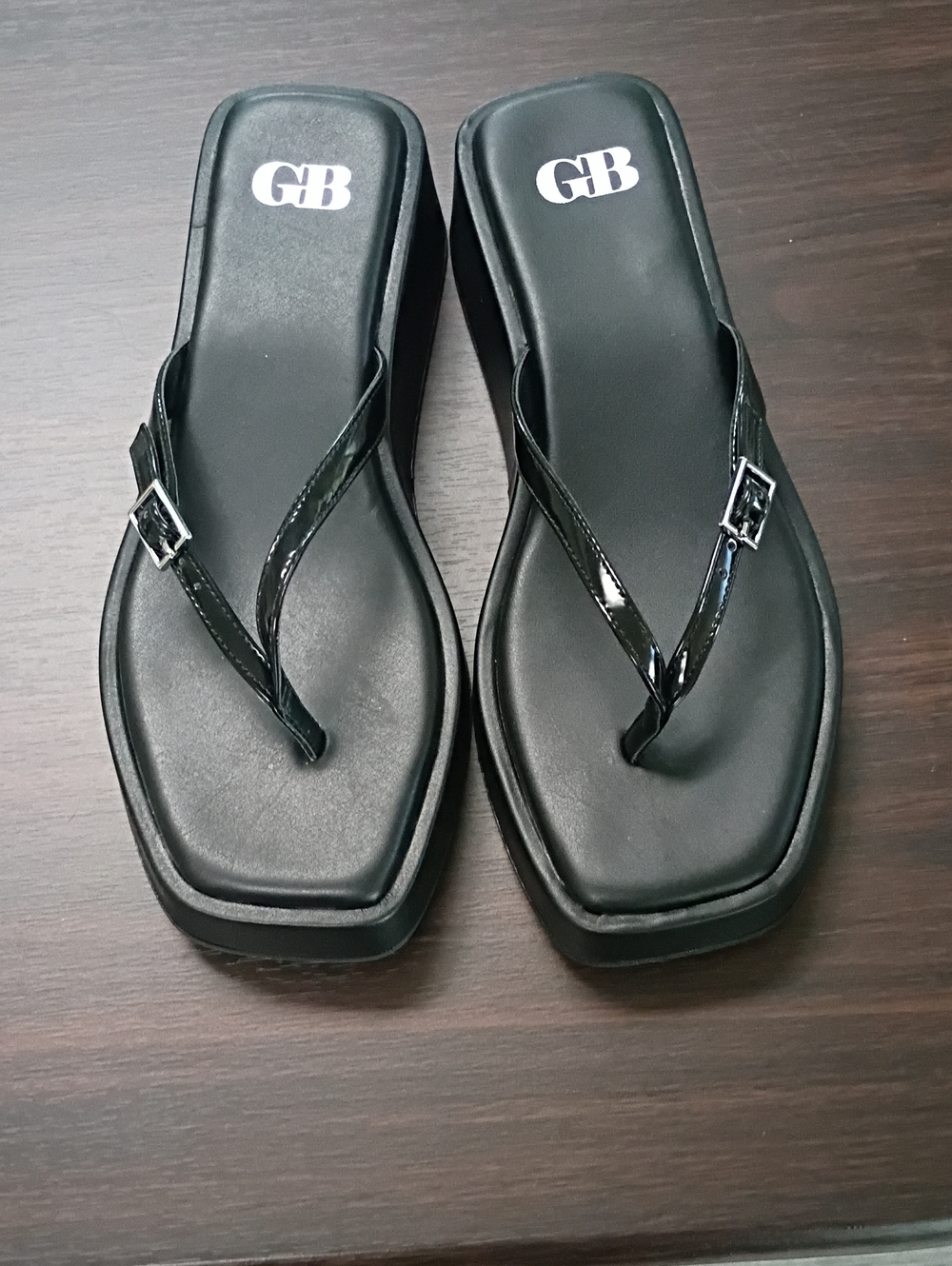 Gianni Bini Black Patent Square-Toe Thong Sandals